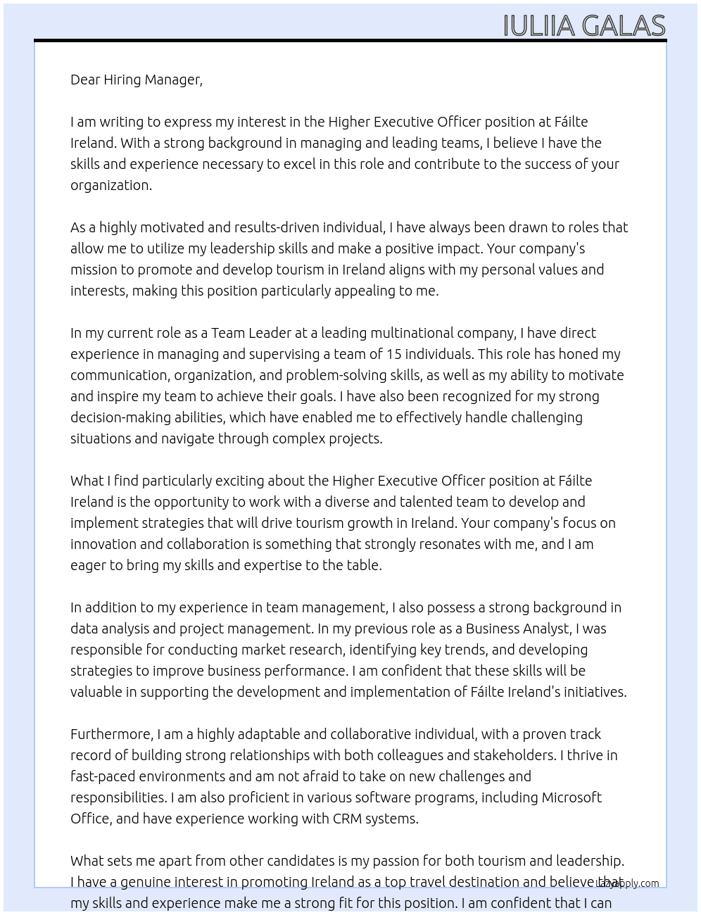 Higher Executive Officer  At Fáilte Ireland Cover Letter