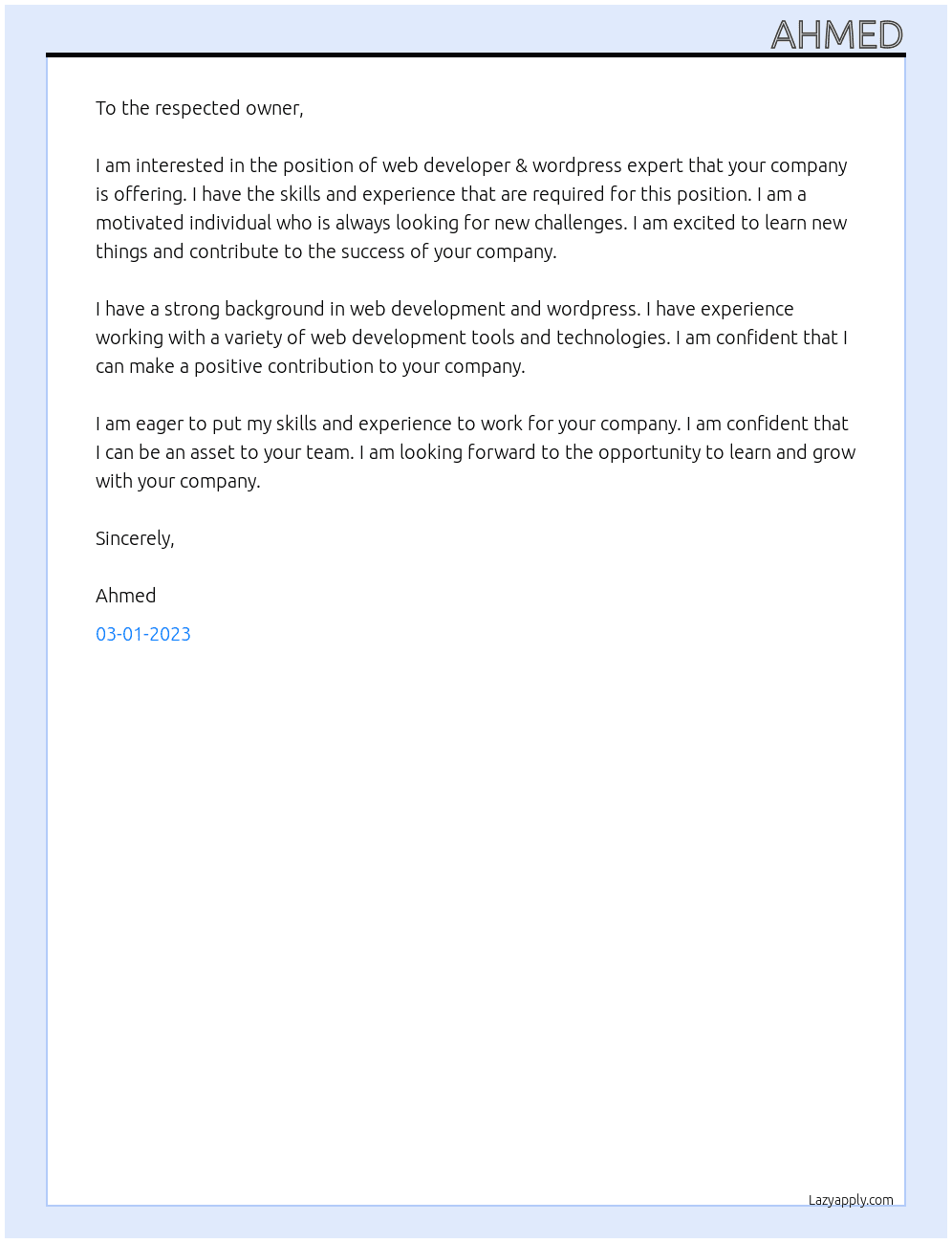 Web developer & wordpress expert At respected owner Cover Letter
