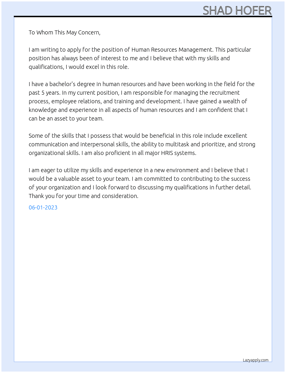Human Resources Management At n/a Cover Letter