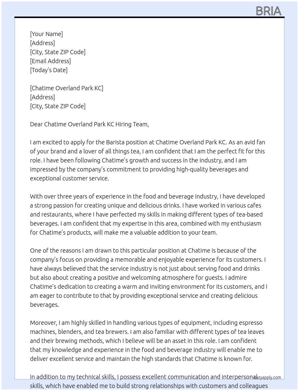 Barista  At Chatime Overland Park KC Cover Letter