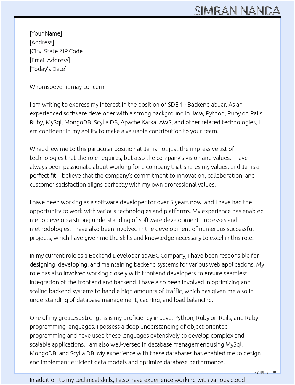 Cover letter for sde 1 - backend - LazyApply