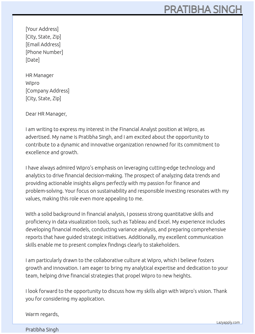 Financial Analyst At Wipro  Cover Letter