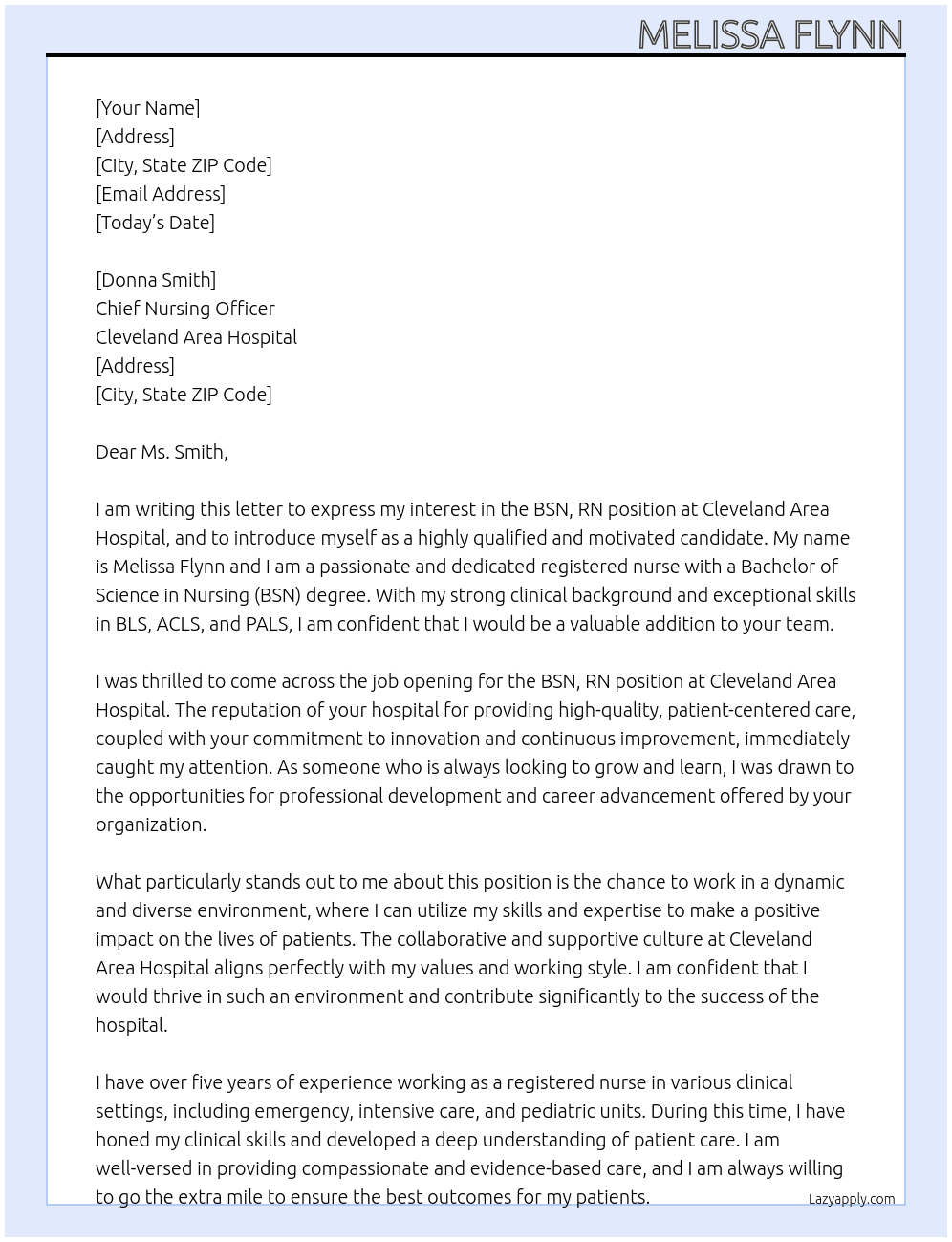 BSN, RN At Cleveland Area Hospital Cover Letter