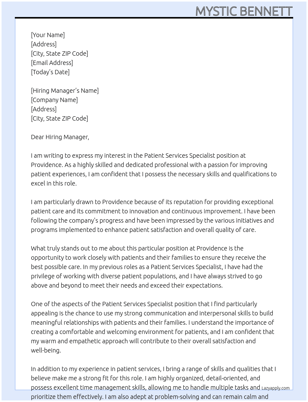 Patient Services Specialist At Providence Cover Letter