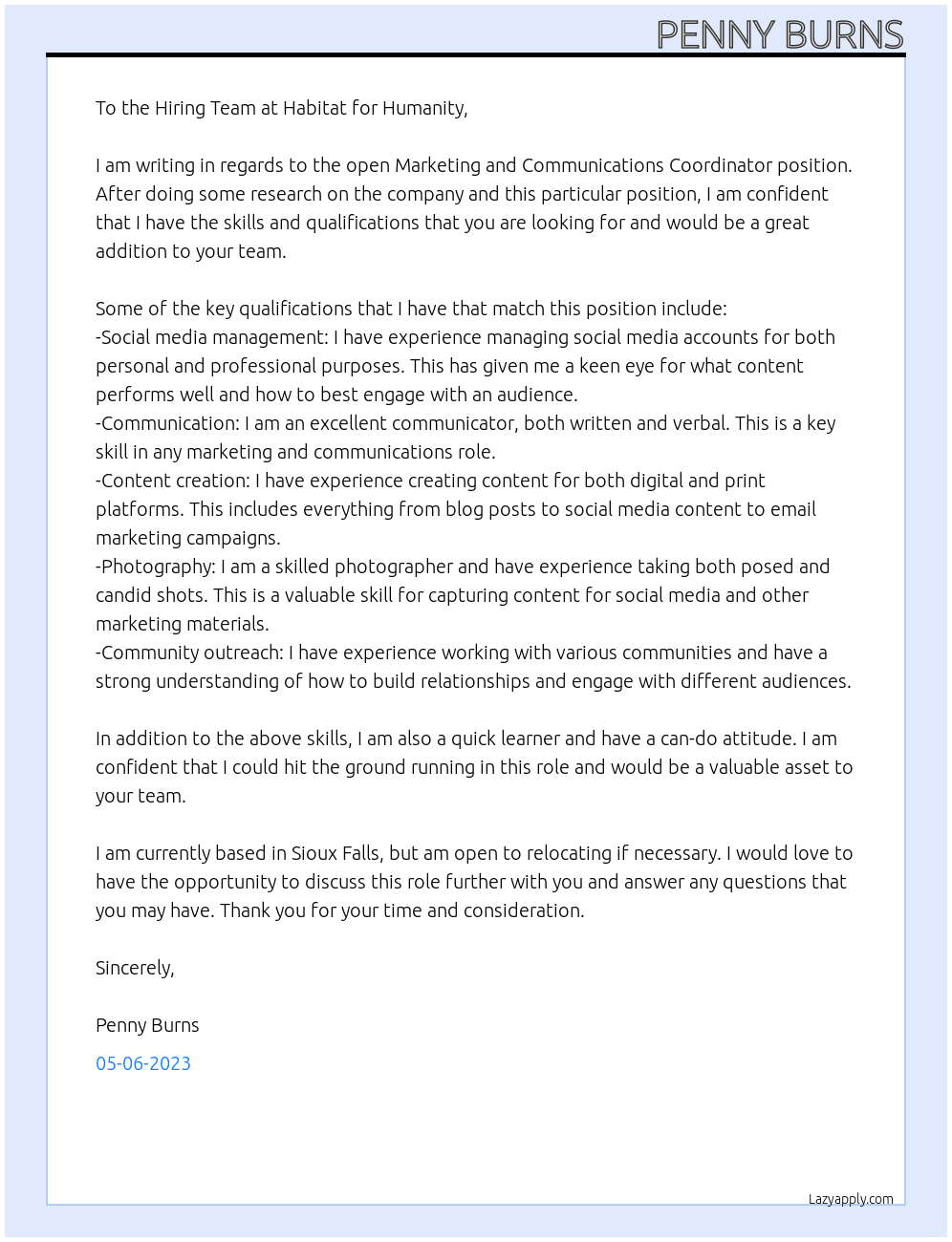 Marketing and Communications Coordinator At Habitat for Humanity Cover Letter