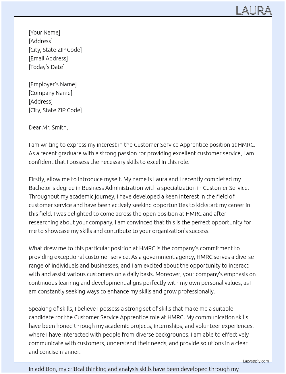customer service apprentice At HMRC Cover Letter