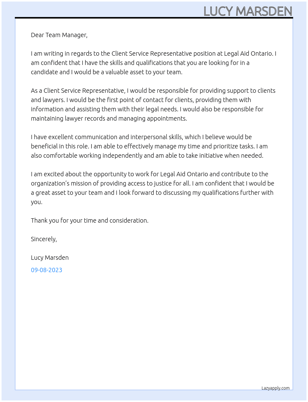 Client Service Representative At Legal Aid Ontario Cover Letter