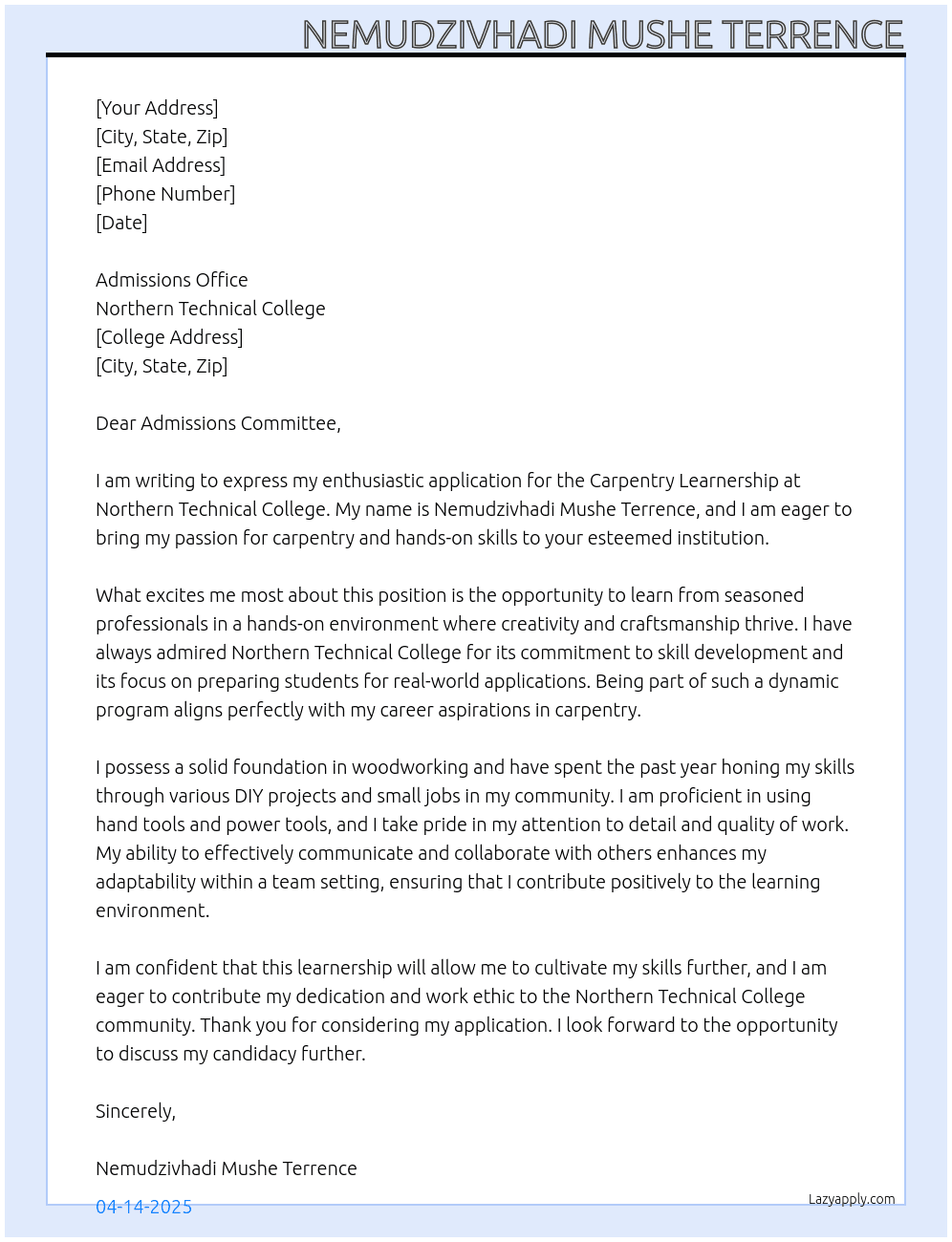 Carpentry learnership At Nothern technical college Cover Letter