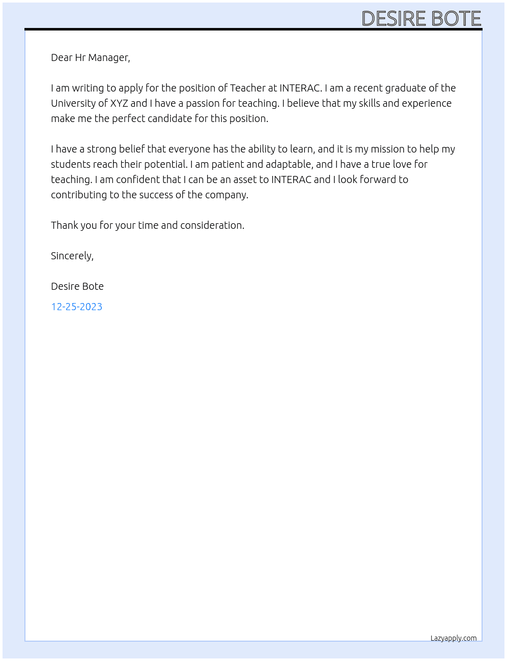 TEACHER  At INTERAC Cover Letter