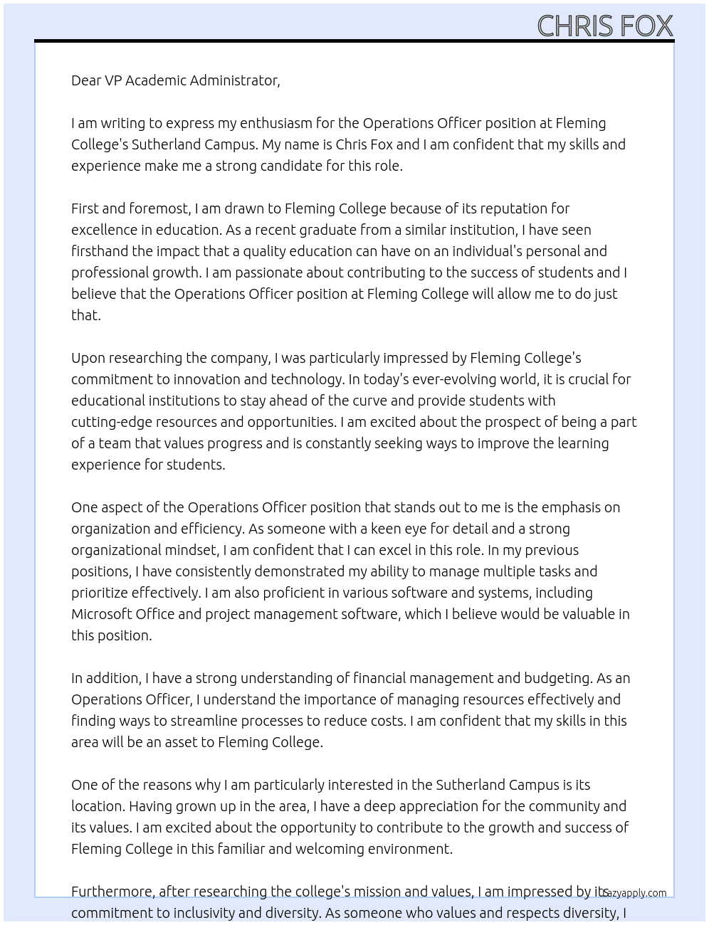 Operations Officer At Fleming College  Cover Letter
