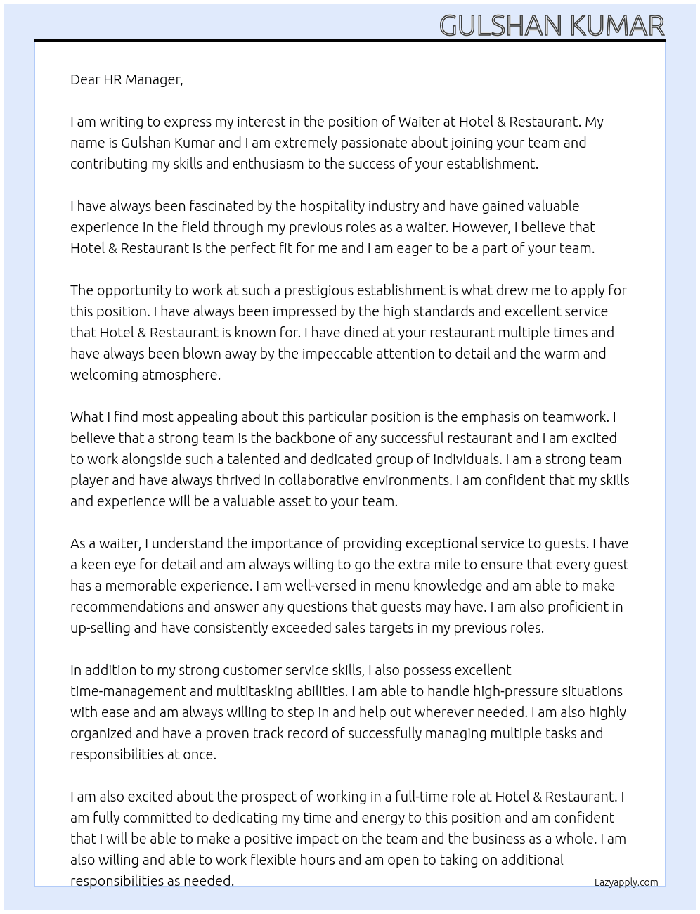 Waiter At Hotel & Restaurant Cover Letter
