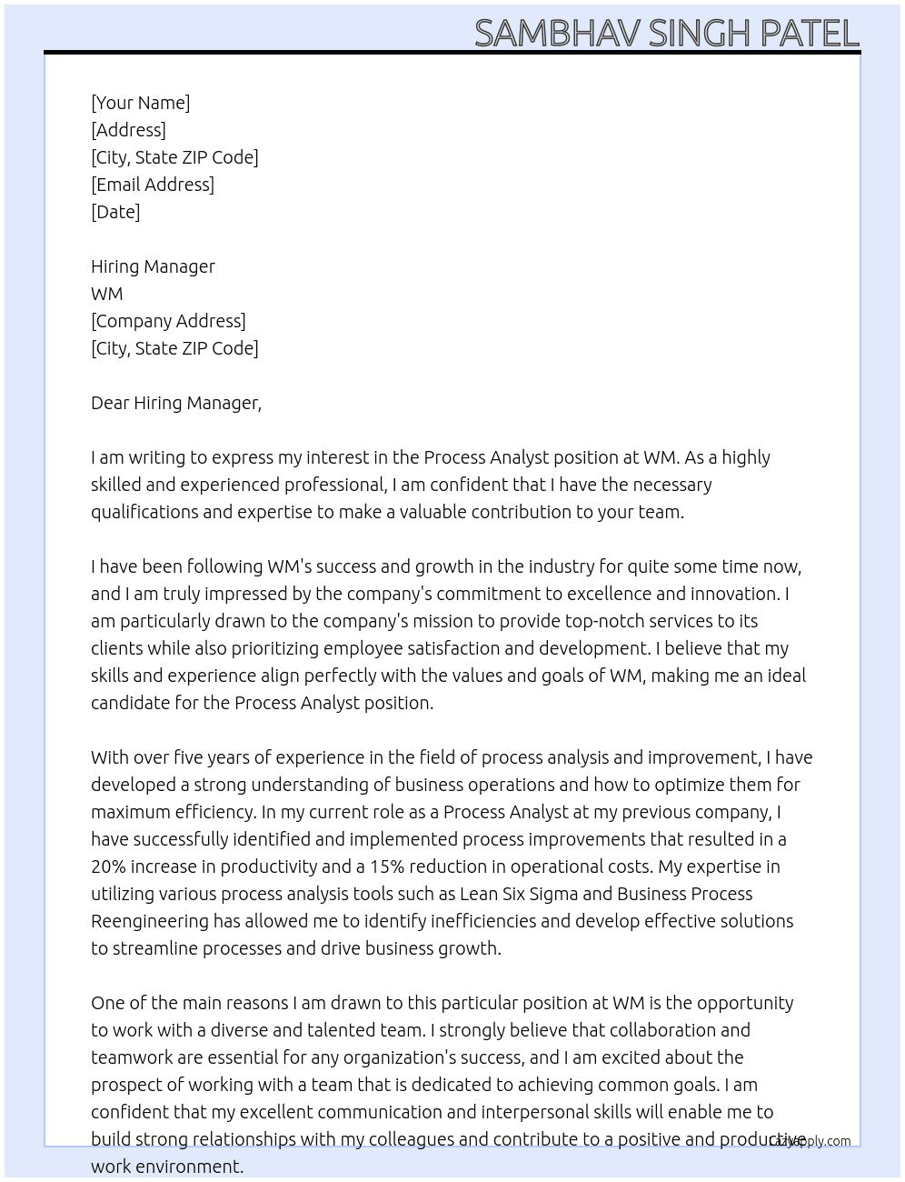 Process Analyst At WM Cover Letter