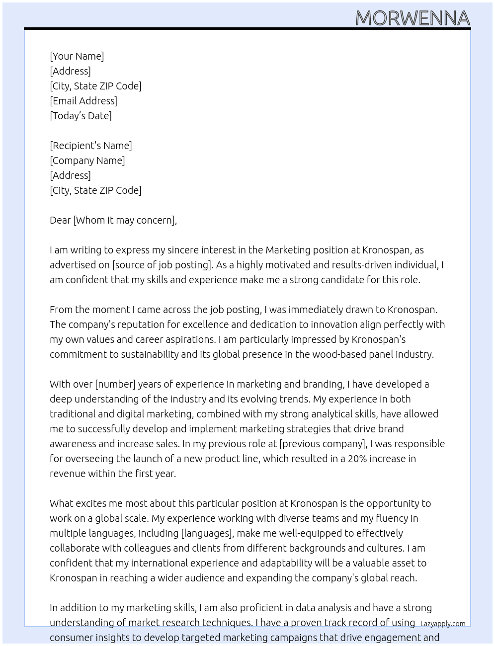 Marketing  At Kronospan Cover Letter