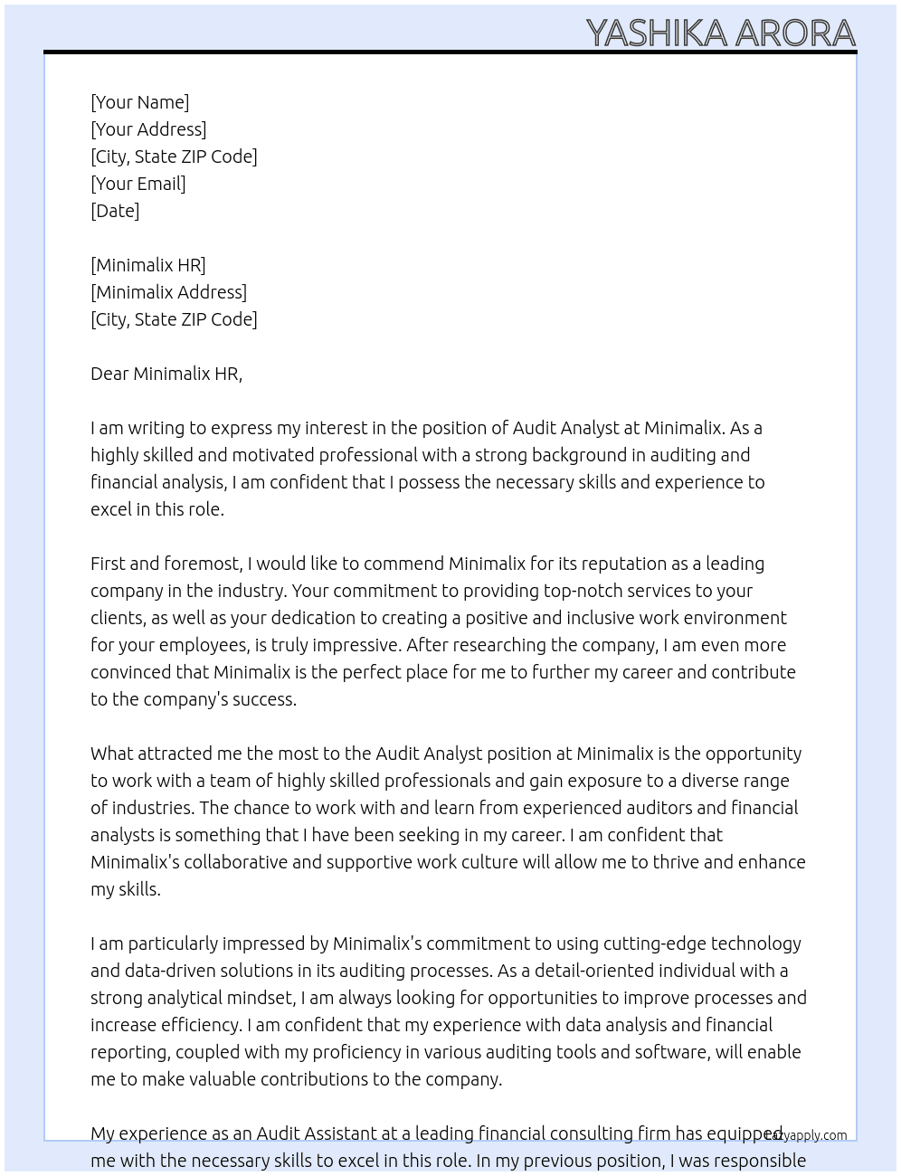 Audit Analyst  At Minimalix  Cover Letter