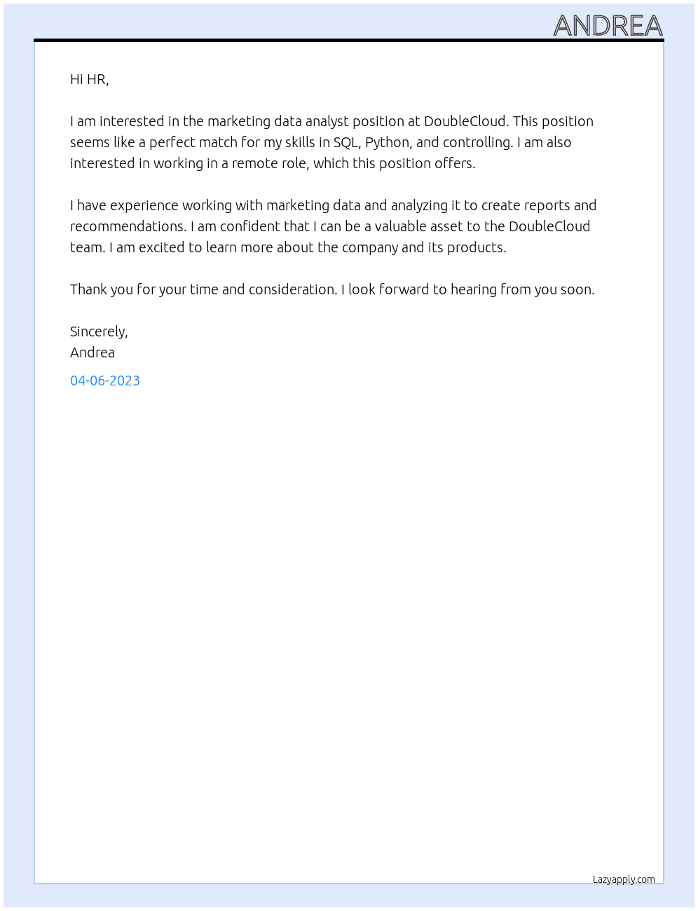 Marketing data analyst At DoubleCloud Cover Letter