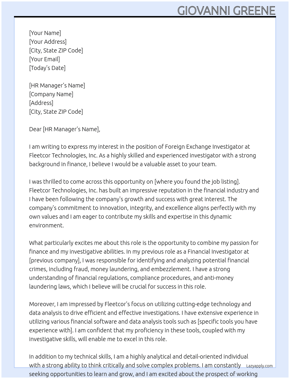 Foreign Exchange Investigator At Fleetcor Technologies, Inc. Cover Letter