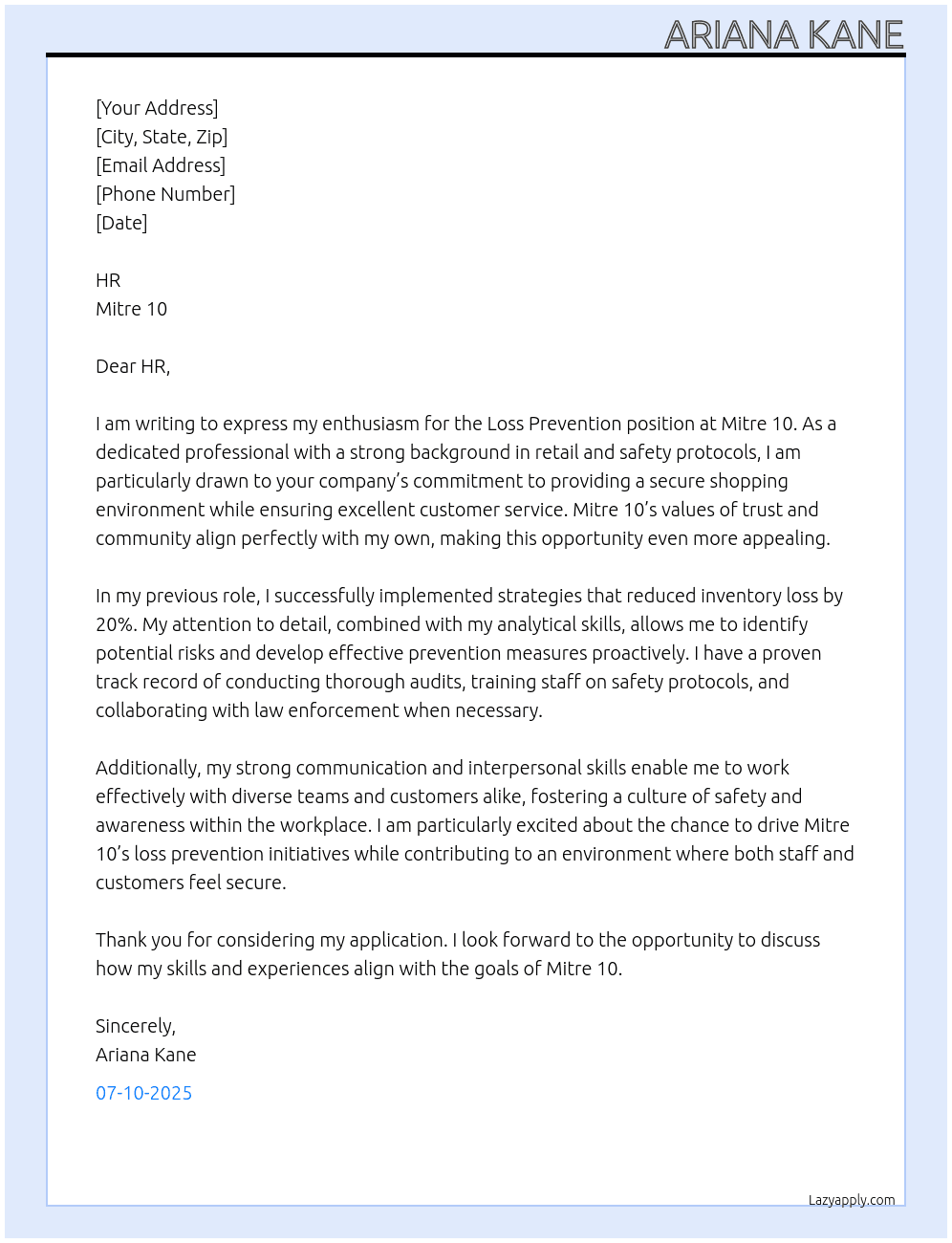 Loss prevention At Mitre 10 Cover Letter