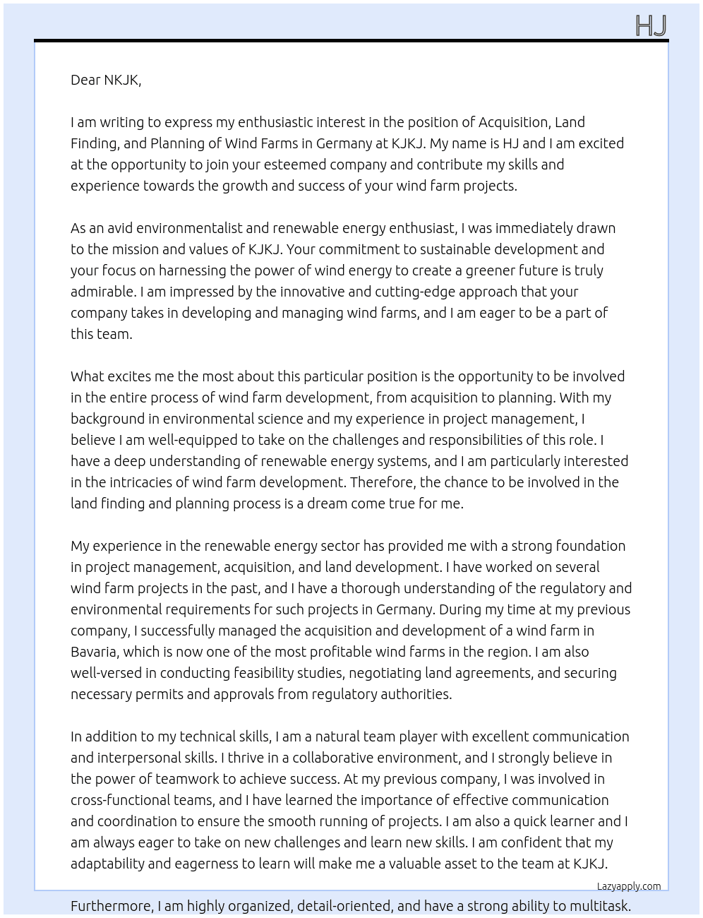 acquisition, land finding and planning of wind farms in Germany At kjkj Cover Letter
