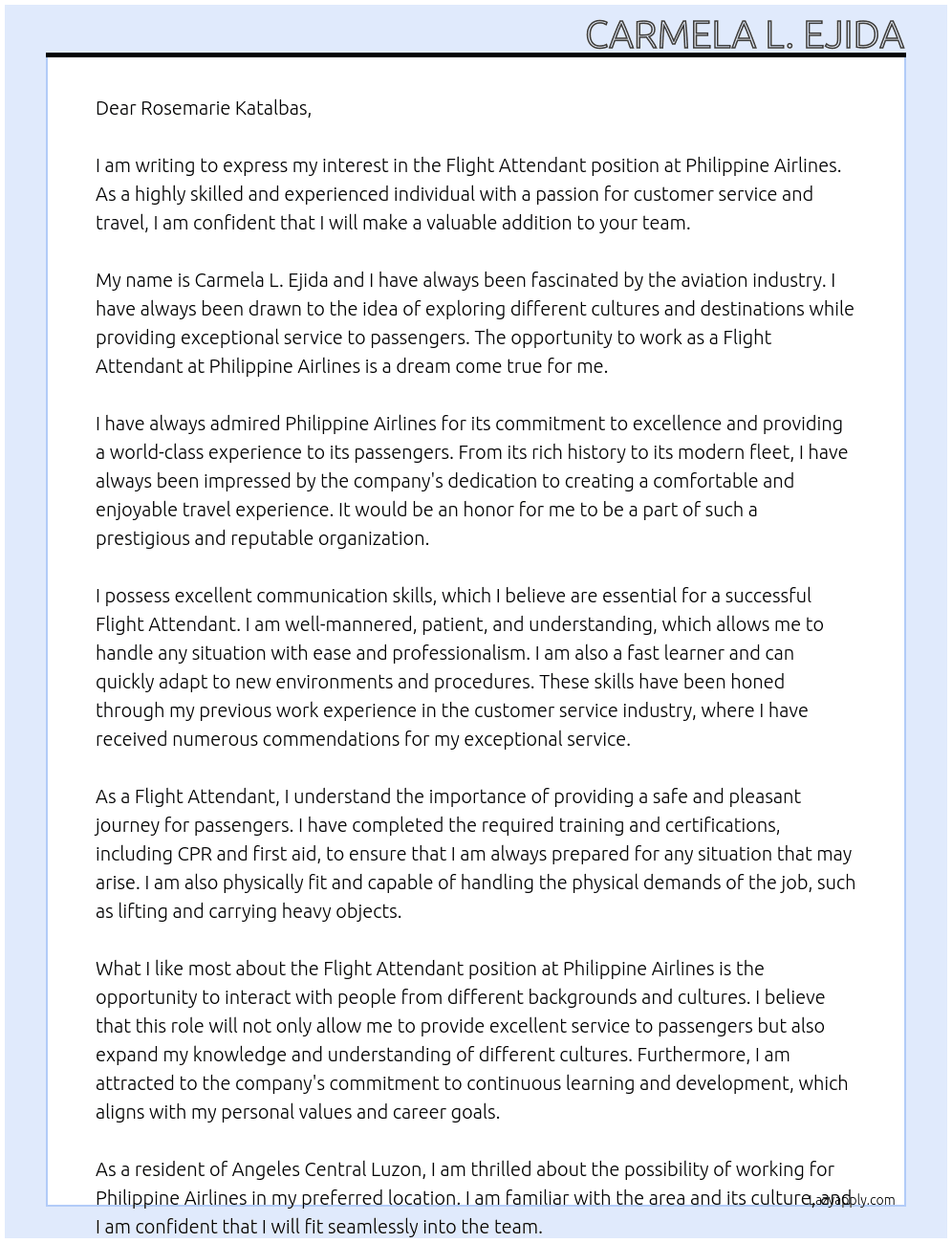 Flight attendant  At Philippine airline  Cover Letter