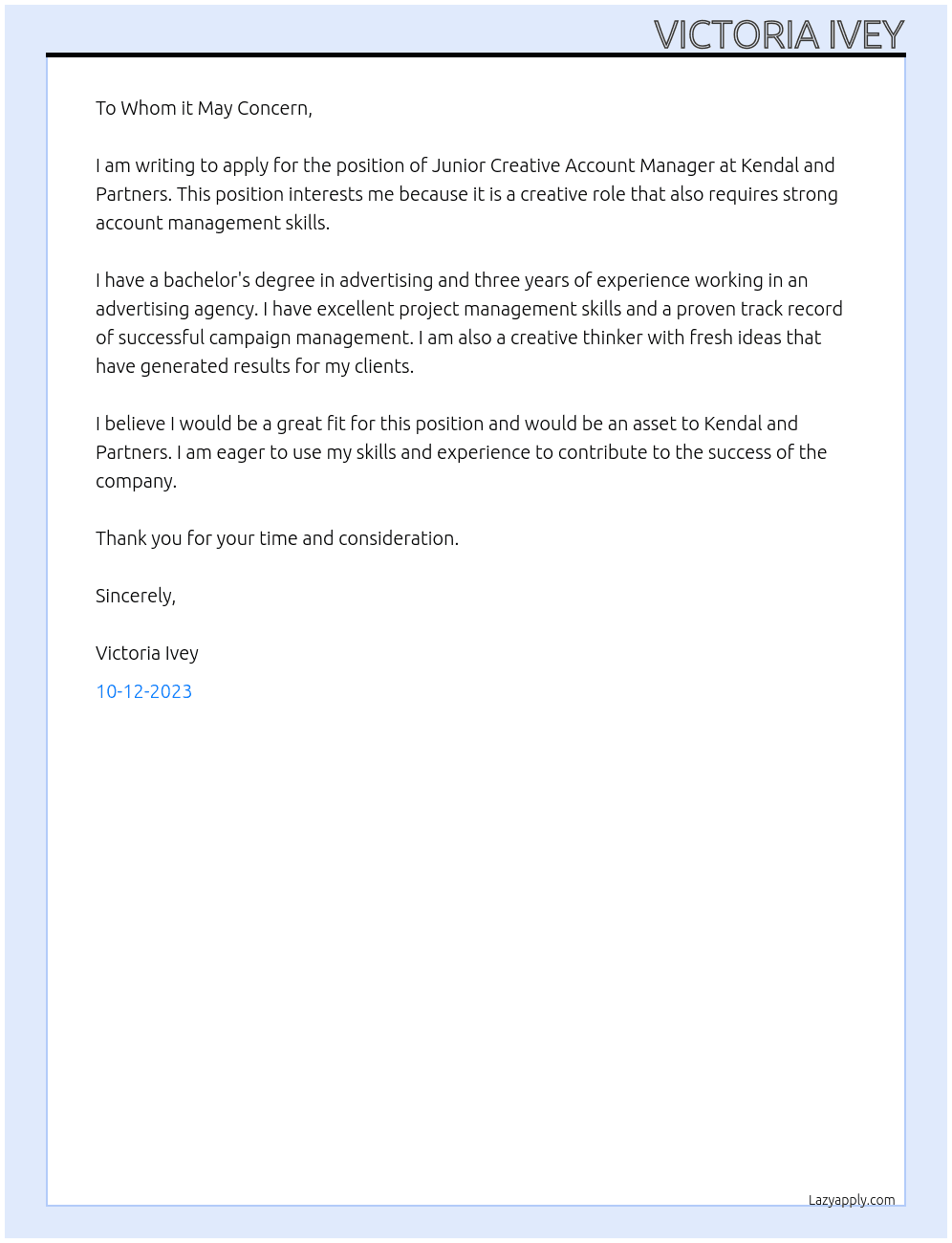 Junior Creative Account Manager At Kendal and Partners Cover Letter