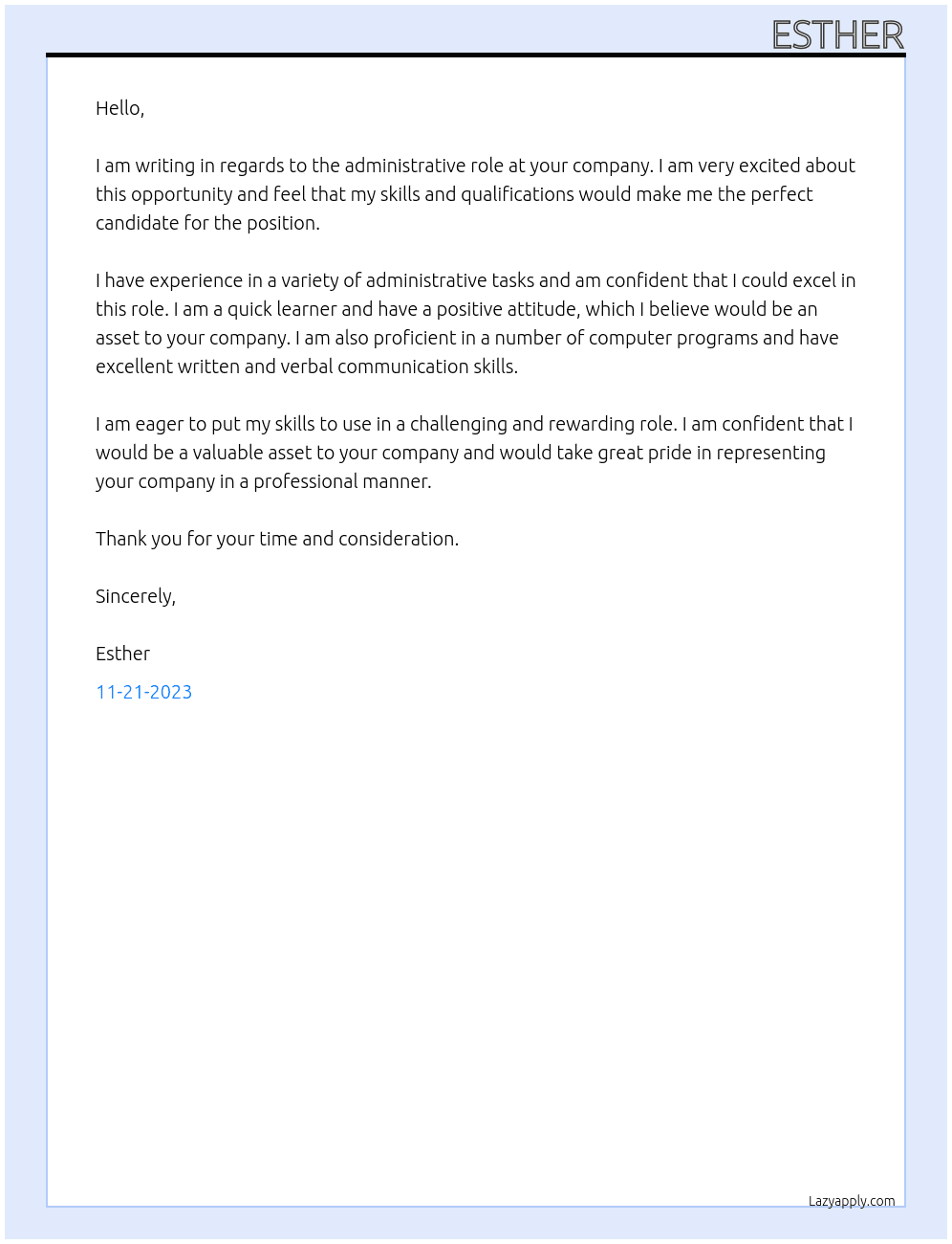 Administrative role At To your company Cover Letter