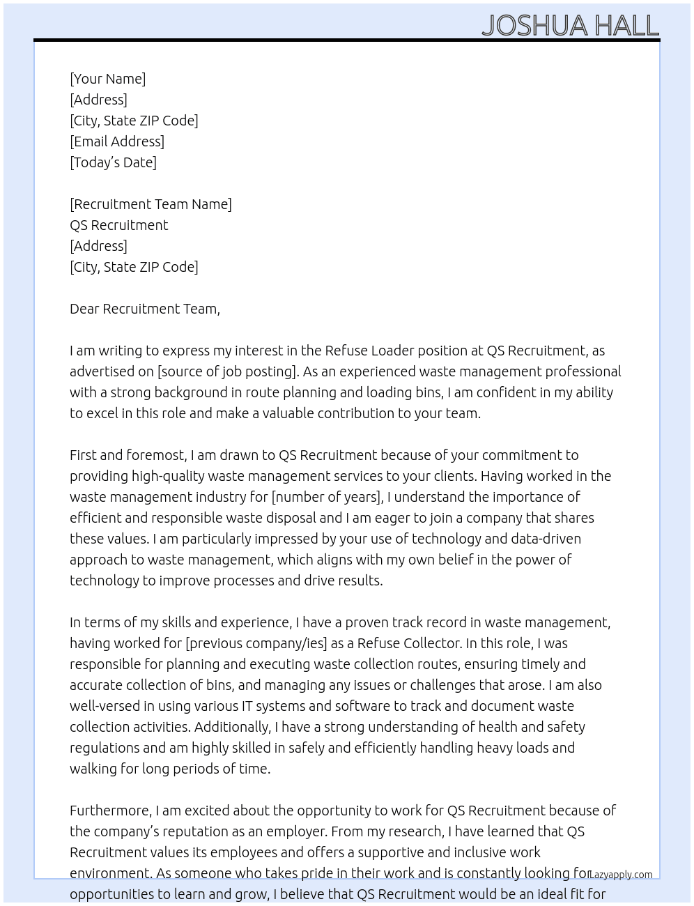 refuse loader At qs recruitment  Cover Letter