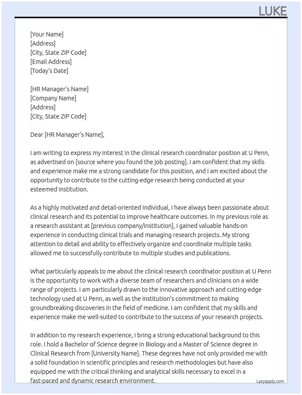 clinical research coordinator At u penn Cover Letter