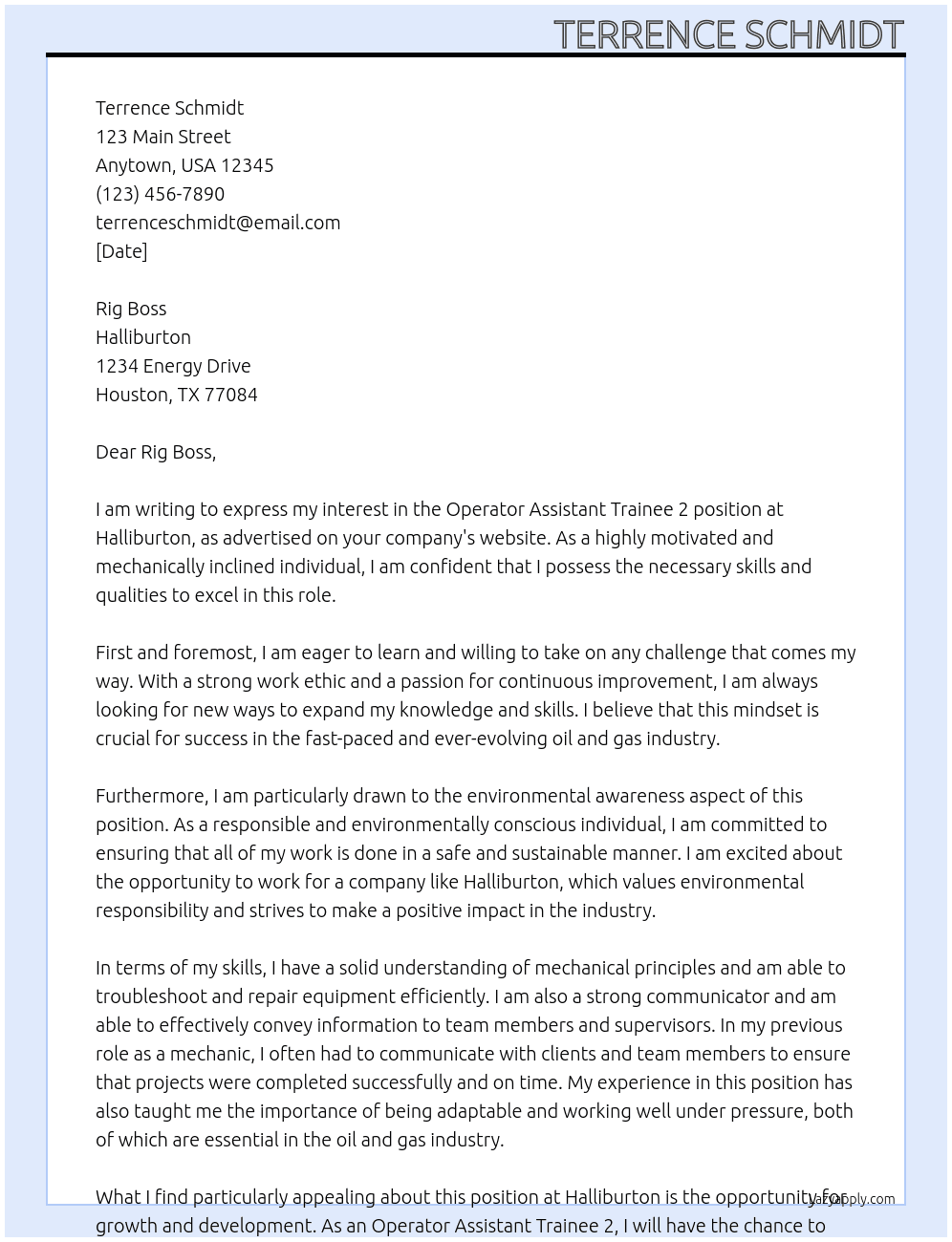 Operator assistant trainee 2 At Halliburton Cover Letter