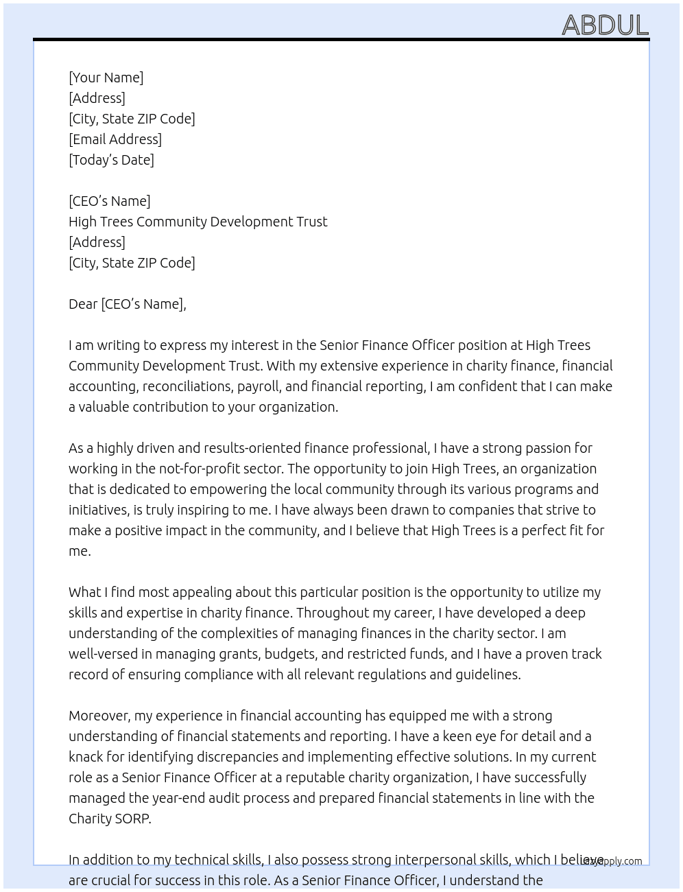 Senior Finance Officer At High Trees Community Development Trust Cover Letter