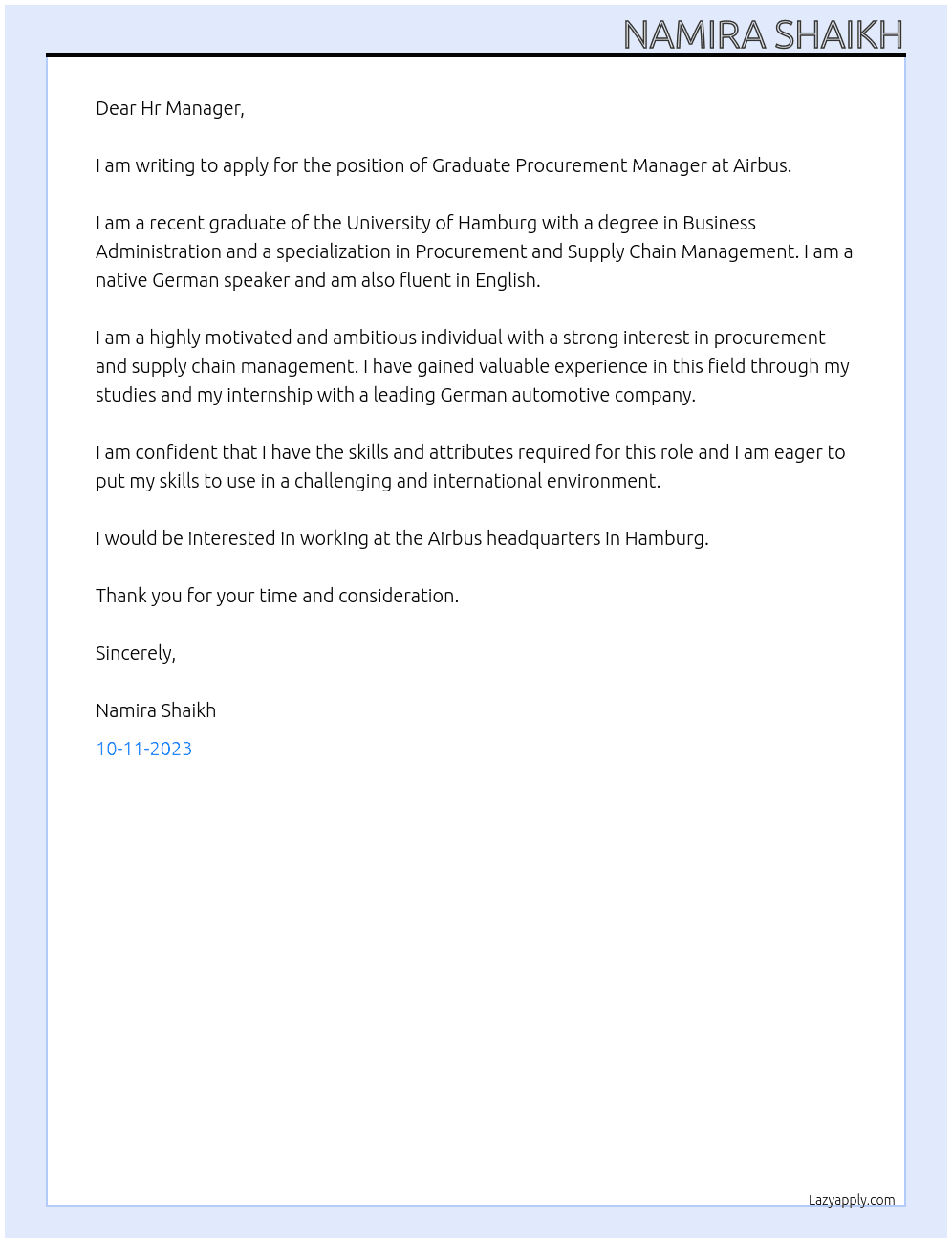 Cover letter for graduate program procurement manager - LazyApply