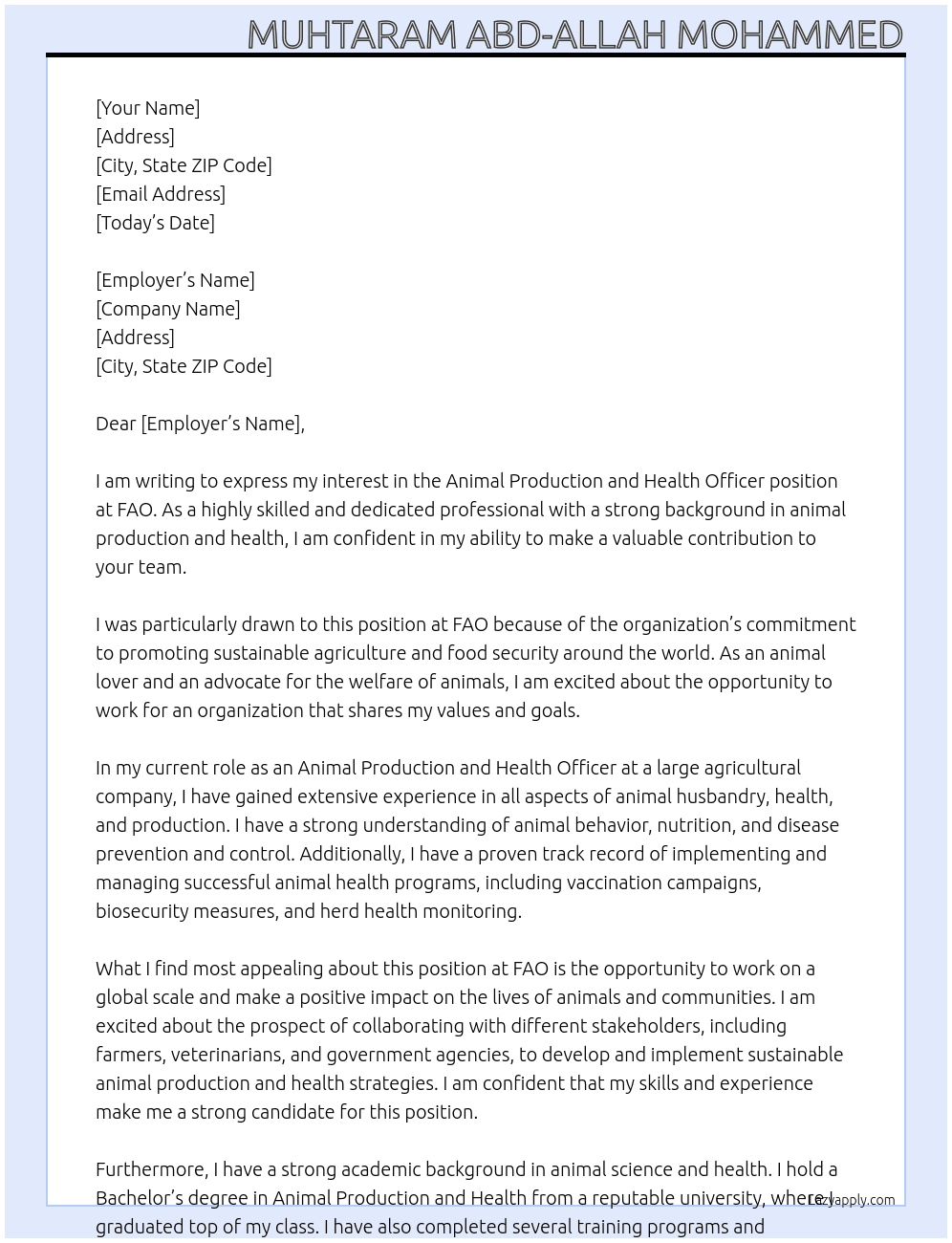 Cover letter for animal production and health - LazyApply