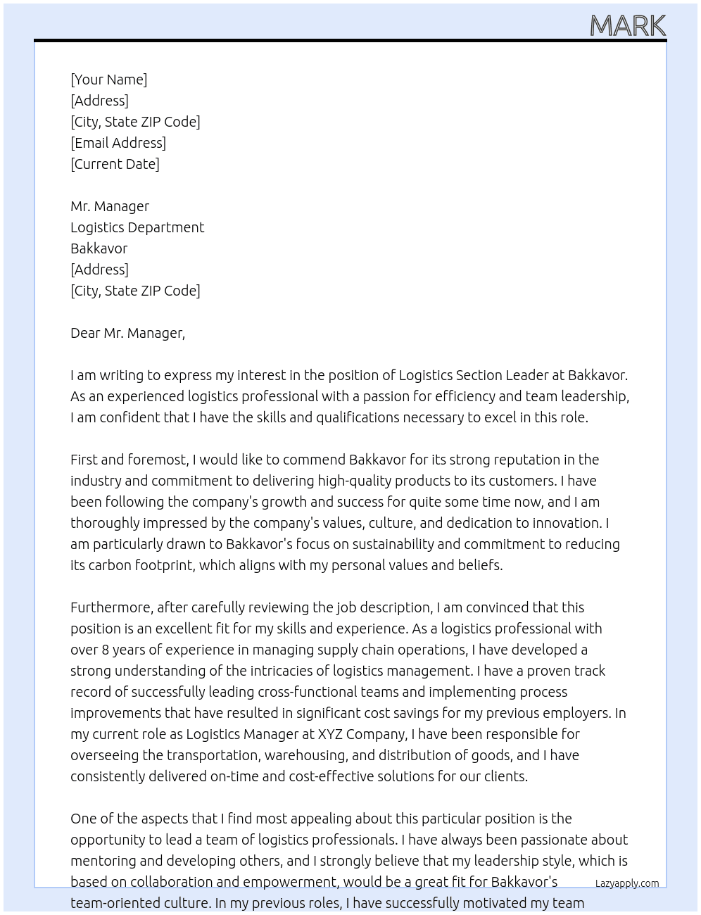 Logistics Section Leader At Bakkavor Cover Letter