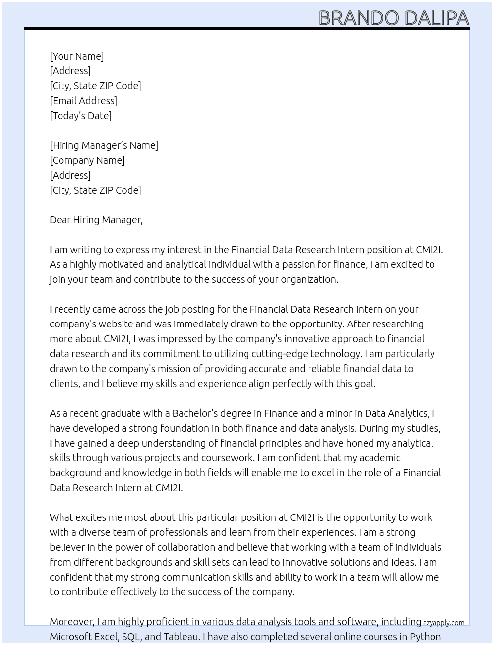 Financial Data Research Intern At CMI2I Cover Letter