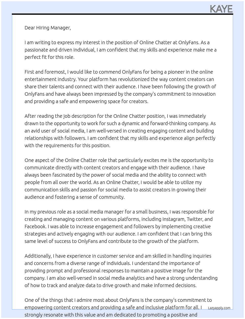 Online Chatter At OnlyFans Cover Letter