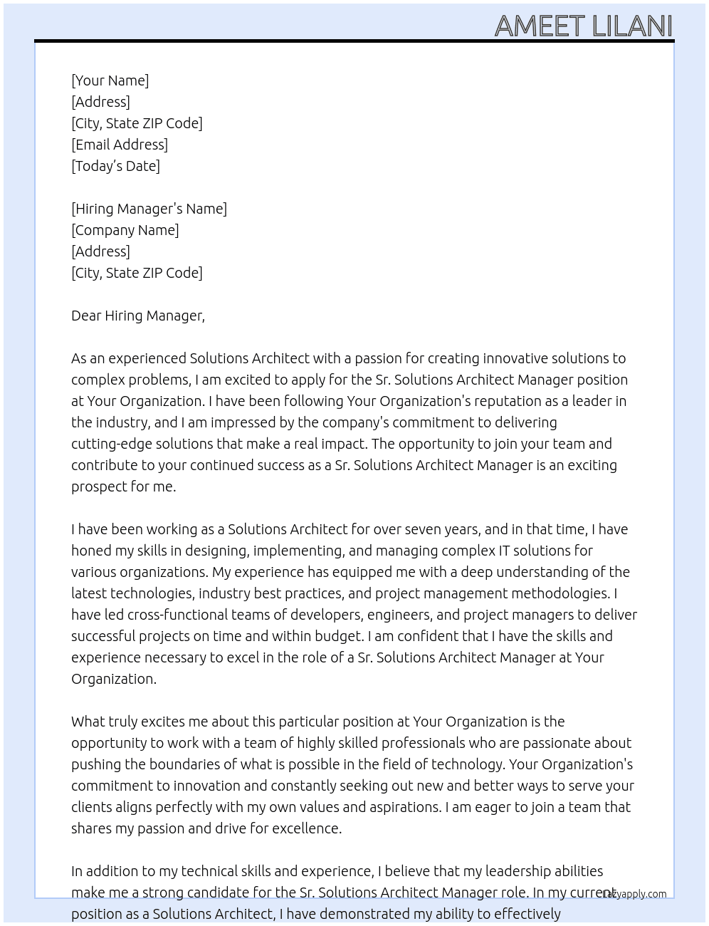 Cover letter for sr. solutions architect manager - LazyApply