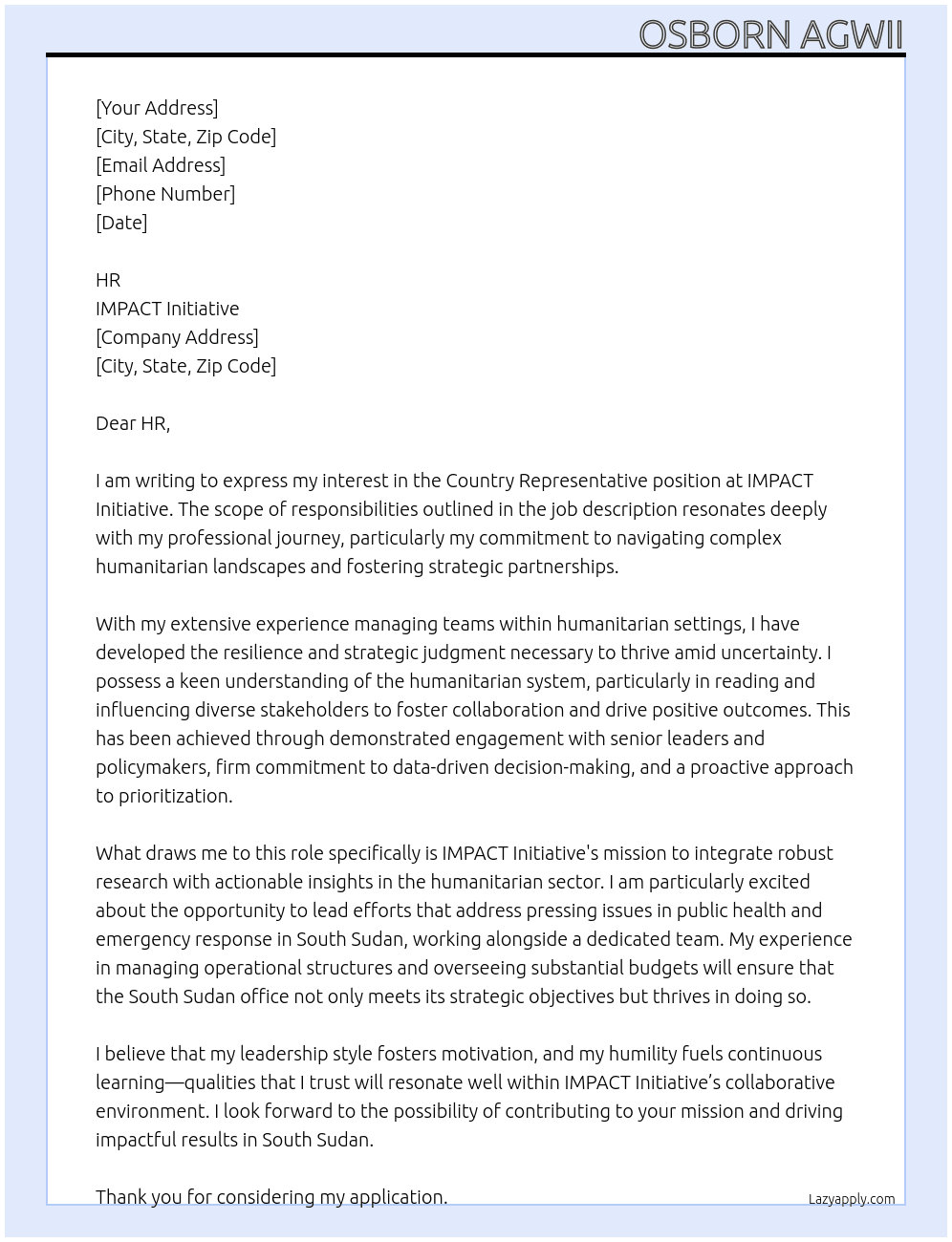 Country Representative At IMPACT Initiative Cover Letter