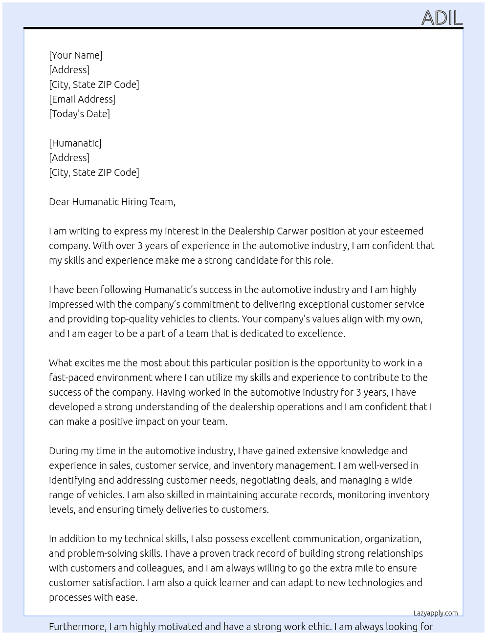 Cover letter for dealership carwar 3 year experince - LazyApply