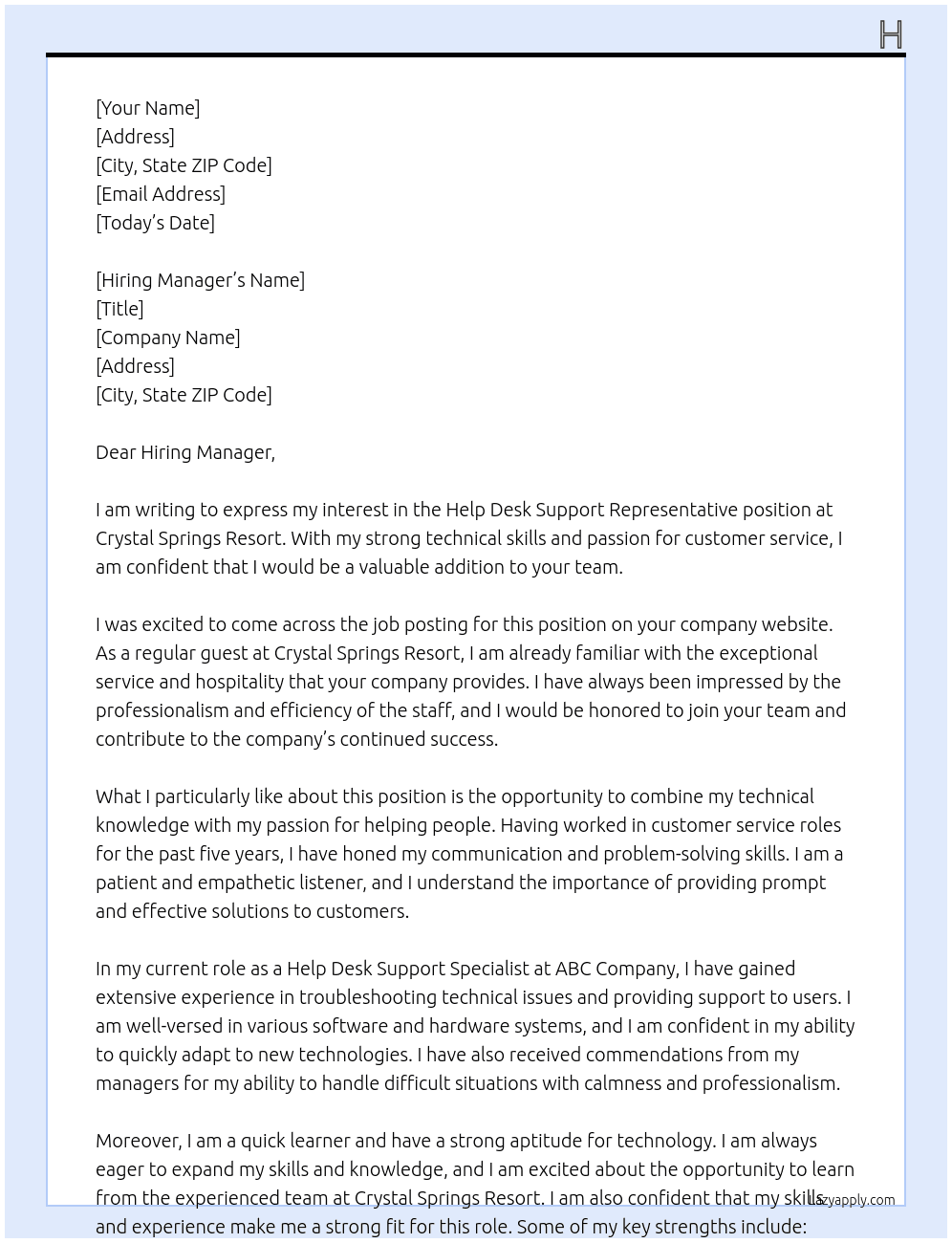 Help Desk Support Representative At Crystal Springs Resort Cover Letter