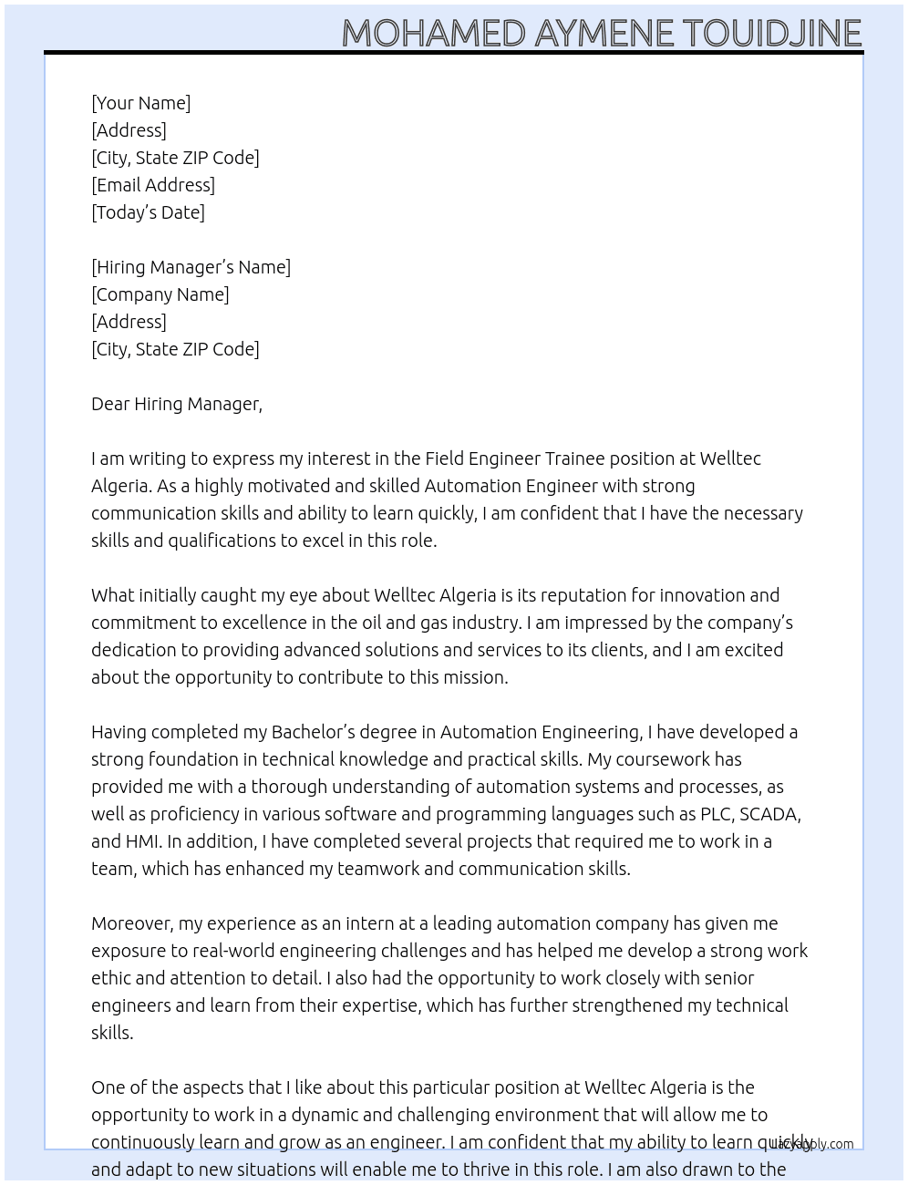 Field Engineer Trainee At Welltec Algeria Cover Letter