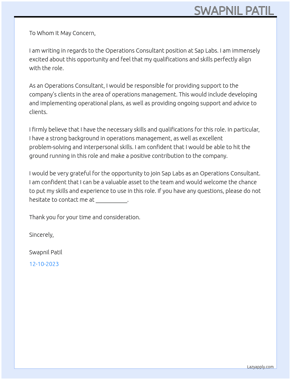 Operations consultant  At Sap labs Cover Letter
