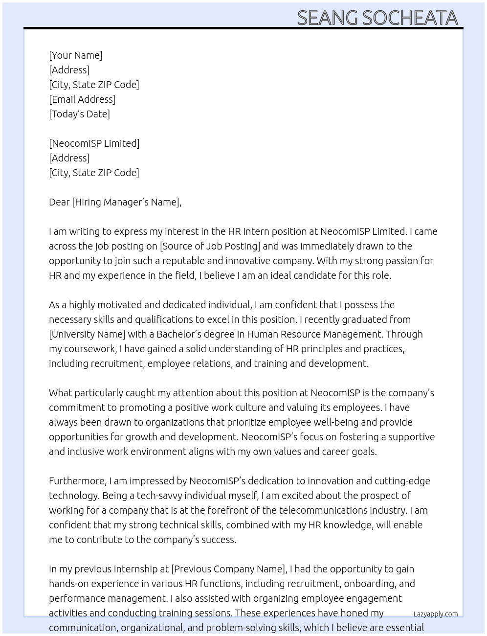 HR Intern  At NeocomISP Cover Letter