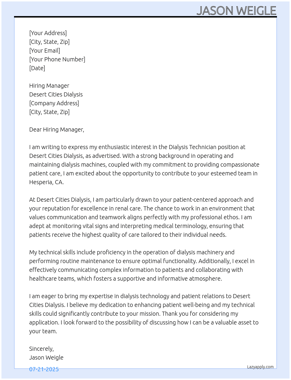 Cover letter for dialysis technician - LazyApply