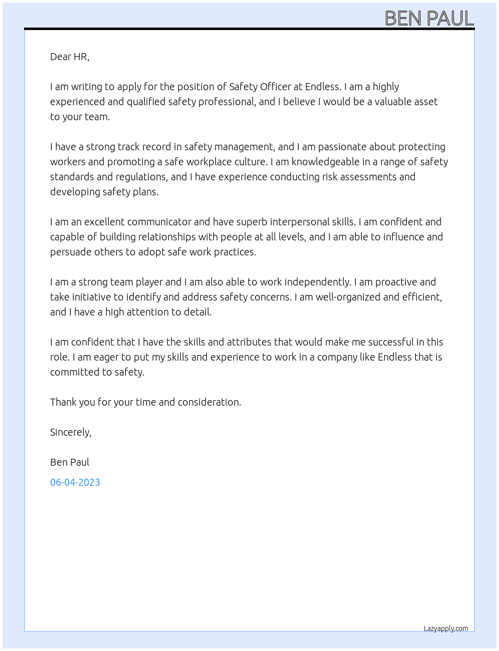 Safety Officer At ENDLESS Cover Letter