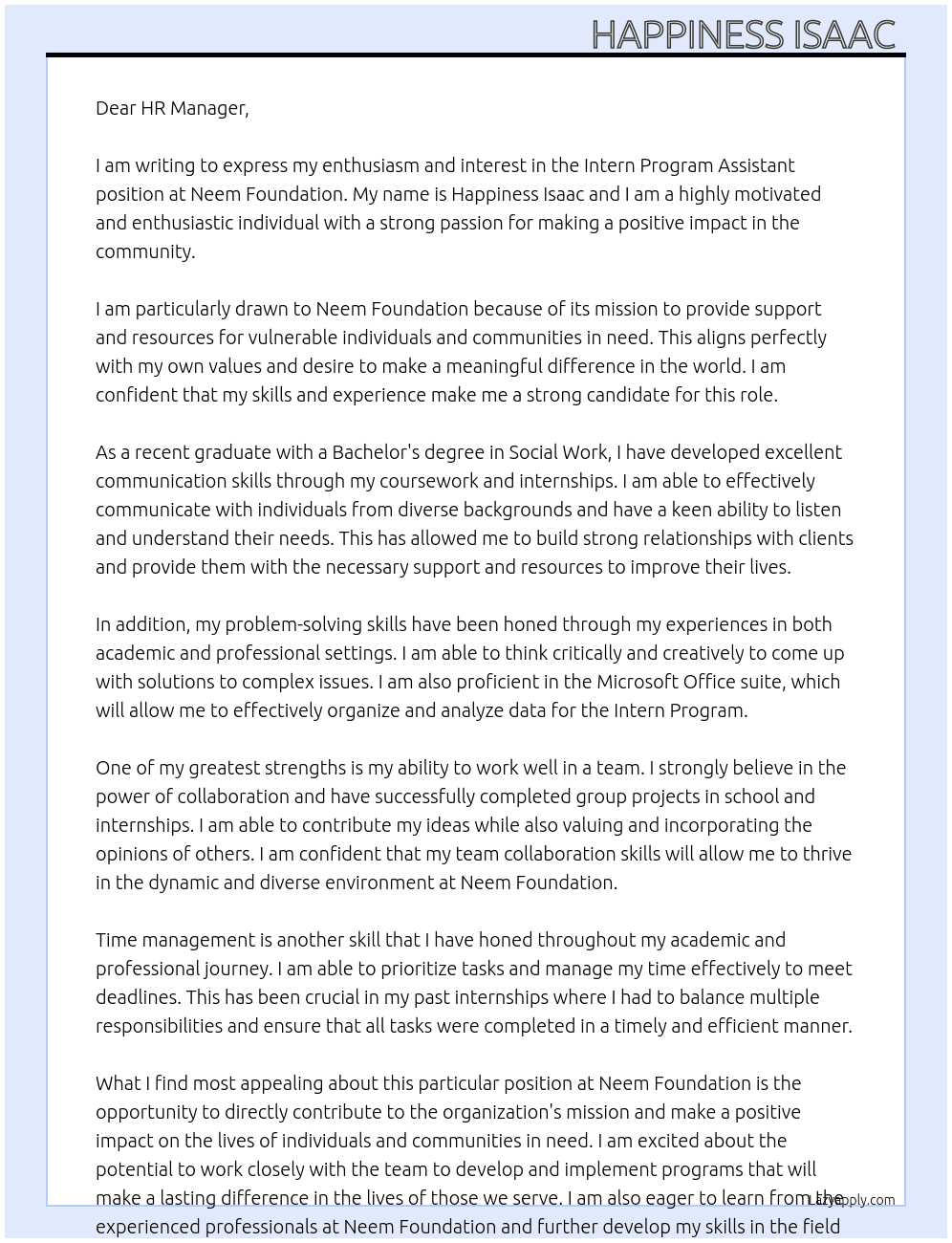 Cover letter for intern program assistant - LazyApply