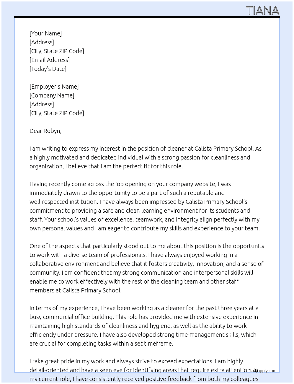 cleaner At Calista Primary School Cover Letter