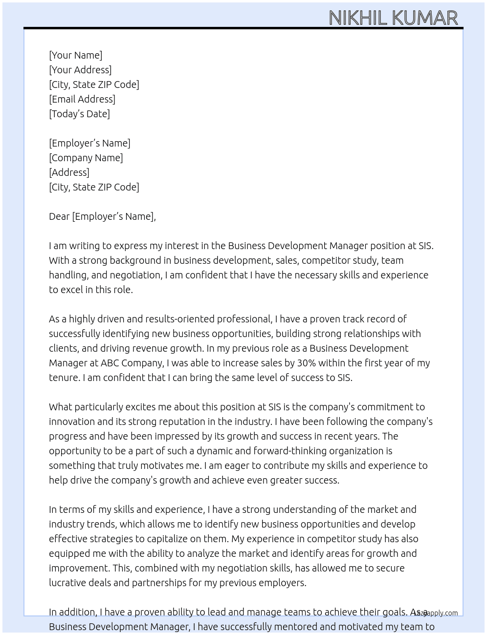Business Development Manager  At SIS Cover Letter