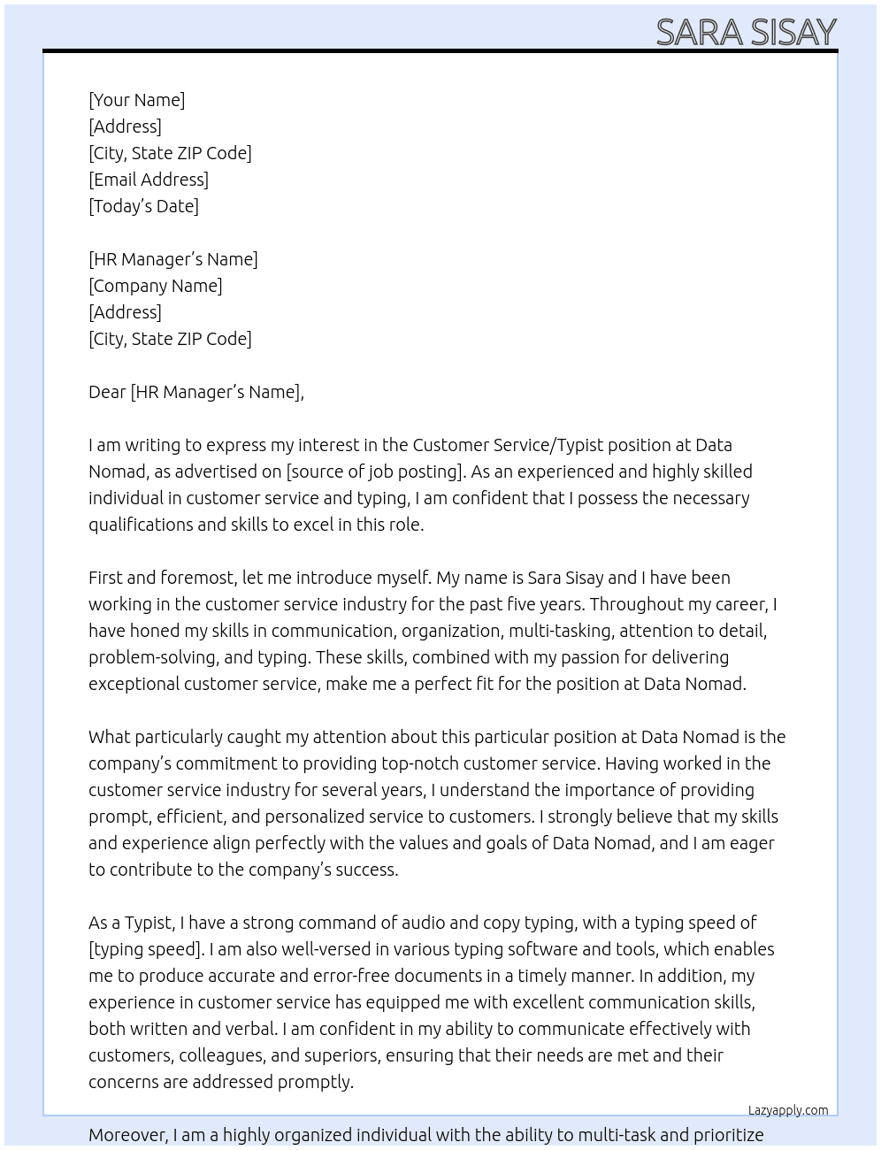 Customer Service/Typist At Data Nomad Cover Letter