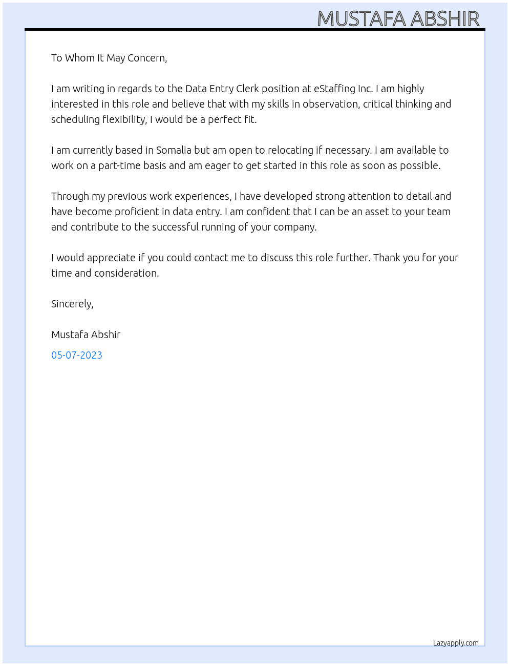 Data Entry  Clerk  At eStaffing Inc. Cover Letter