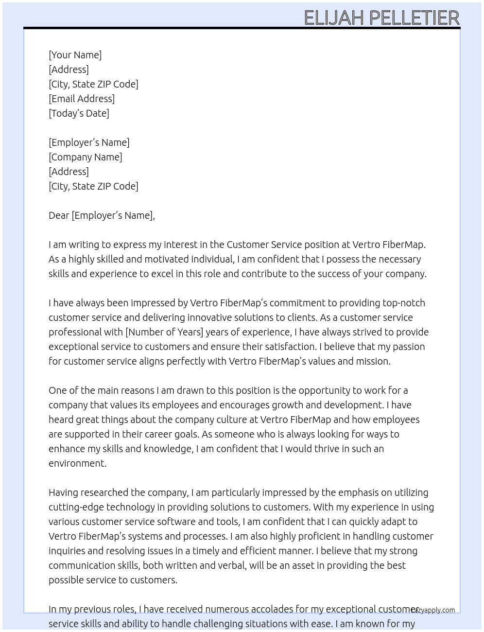 Customer service  At Vertro FiberMap  Cover Letter