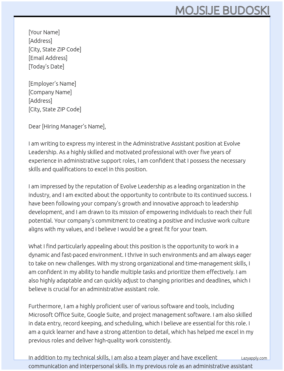 Administrative Assistant At Evolve Leadership Cover Letter
